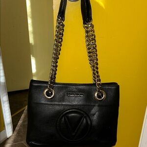 Valentino Black Leather Shoulder Bag with Chain Straps